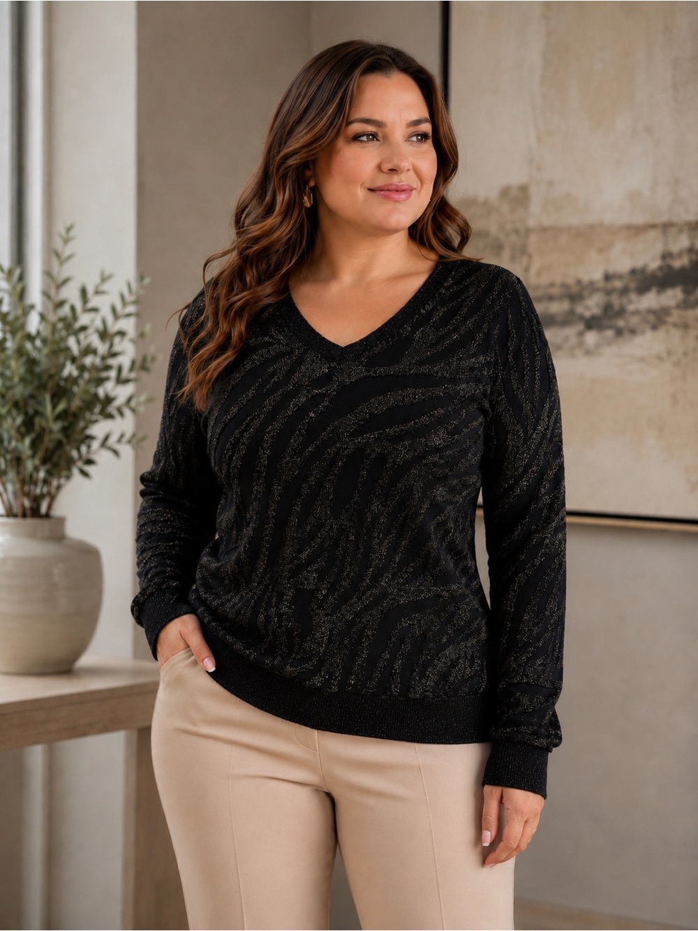 Dana Buchman Black V-Neck Zebra Metallic Stripe Sweater
